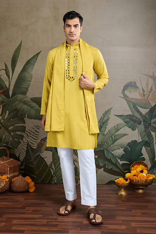 Yellow-Designer-Men_s-Kurta-with-Real-Mirror-Work